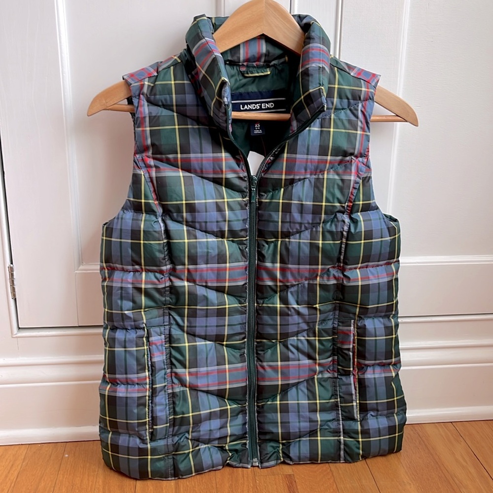 Lands' End Women's Blue Green Tartan Plaid Quilted Puffer Down Vest Full Zip XS